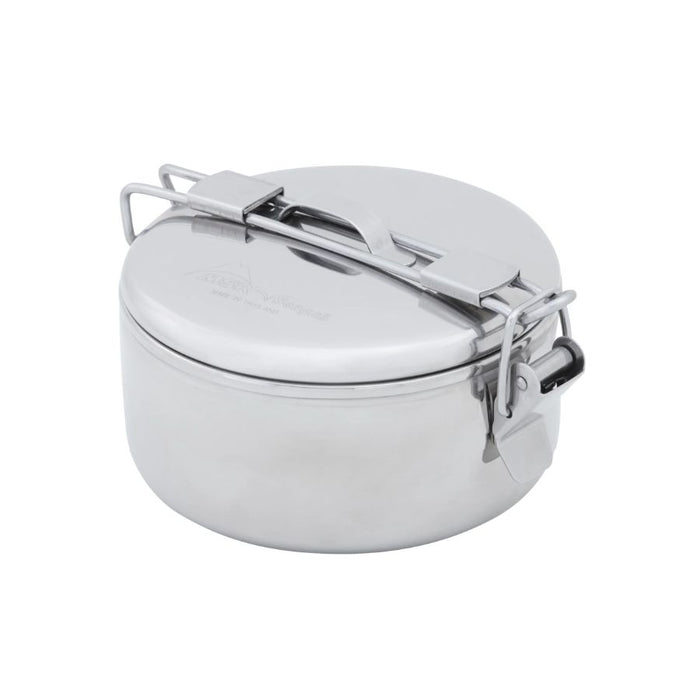 A stainless steel camping pot with a matching lid, featuring a fold-out handle and metal latch closure system, shown on a plain white background.