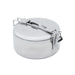 A stainless steel camping pot with a matching lid, featuring a fold-out handle and metal latch closure system, shown on a plain white background.