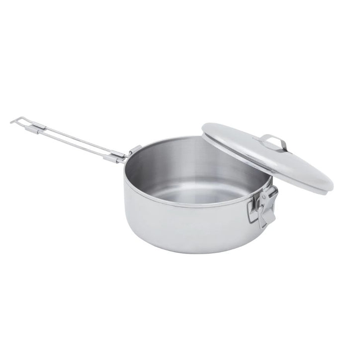 A stainless steel camping pot with a long handle and matching lid, shown on a plain white background.