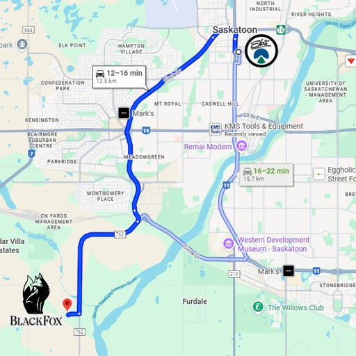 map showing route from Ebs to Black Fox in Saskatoon