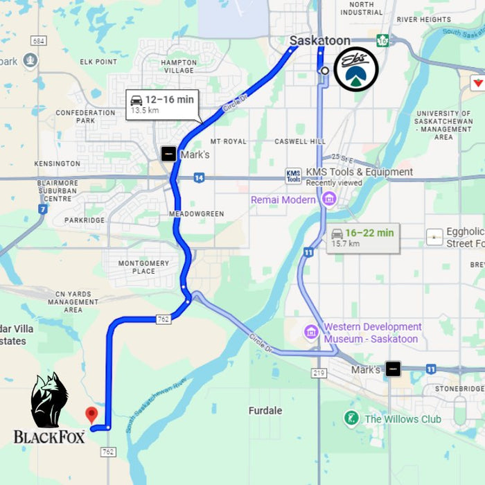 map showing route from Ebs to Black Fox in Saskatoon