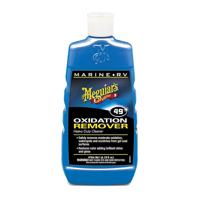 A blue plastic bottle of Meguiar's Marine RV 49 Oxidation Remover heavy duty cleaner with a white cap, shown on a plain white background.