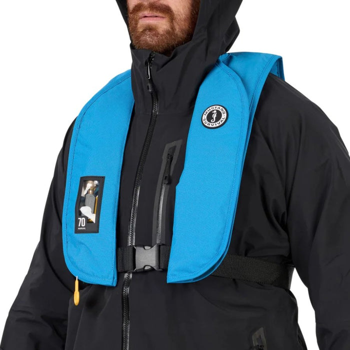 Person in black jacket wearing a blue PFD against a white background