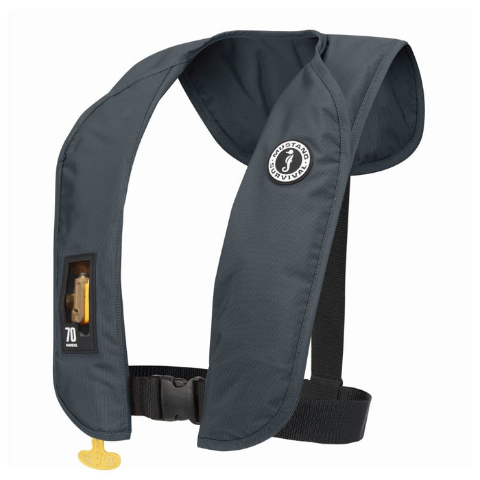 Gray life jacket with a visible brand logo on a white background