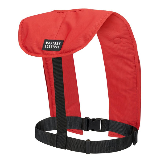 A red and black Mustang Survival life vest shown against a plain white background.