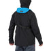 A person shown from the back wearing a black hooded jacket with a bright blue collar lining and a black waist strap, against a plain white background.