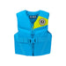Blue lifejacket with yellow accent and Mustang Survival branding on a white background