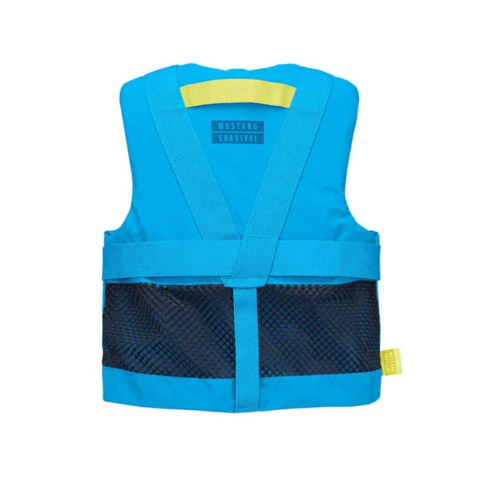 Blue lifejacket with yellow strap and Mustang Survival branding on a white background