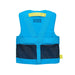 Blue lifejacket with yellow strap and Mustang Survival branding on a white background