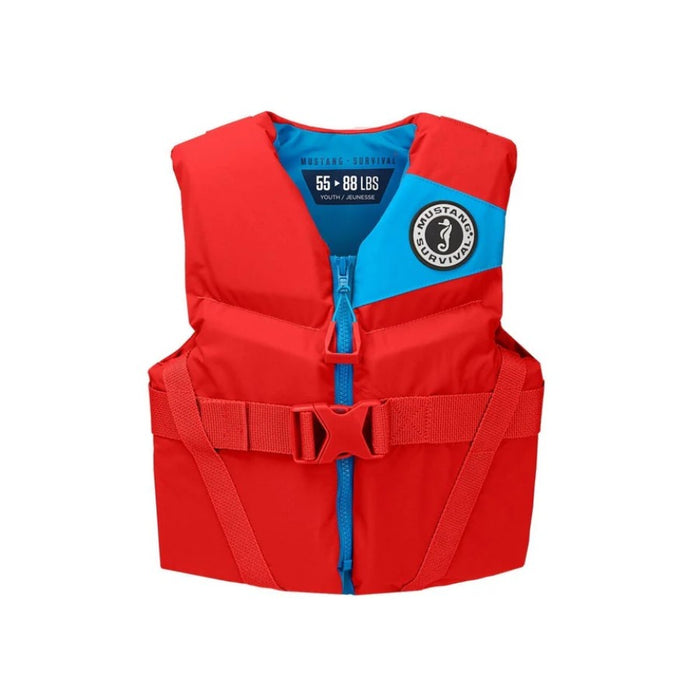 Red lifejacket with blue accent and Mustang Survival branding on a white background