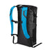 Black backpack with blue shoulder straps against a white background