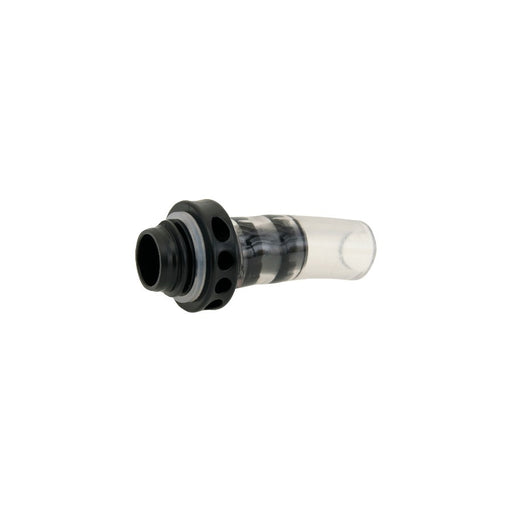 A small replacement valve adapter with a black plastic connector and a clear transparent tube section, shown on a plain white background.