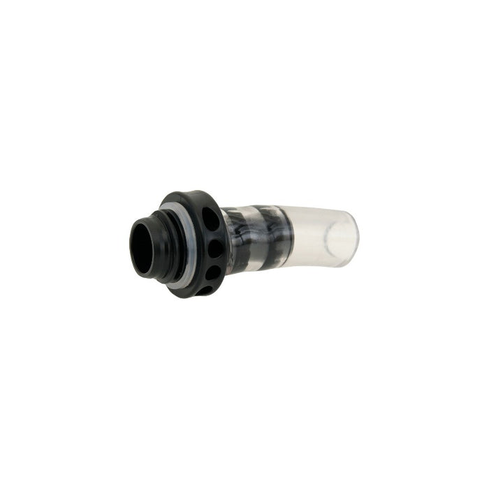 A small replacement valve adapter with a black plastic connector and a clear transparent tube section, shown on a plain white background.