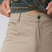 Close-up of a person wearing khaki pants, pulling the waistband slightly outward with both hands. The pants have belt loops, front pockets, and a visible black button with the NRS logo.