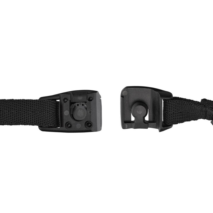 Close up detail of two black straps with plastic buckles on the ends
