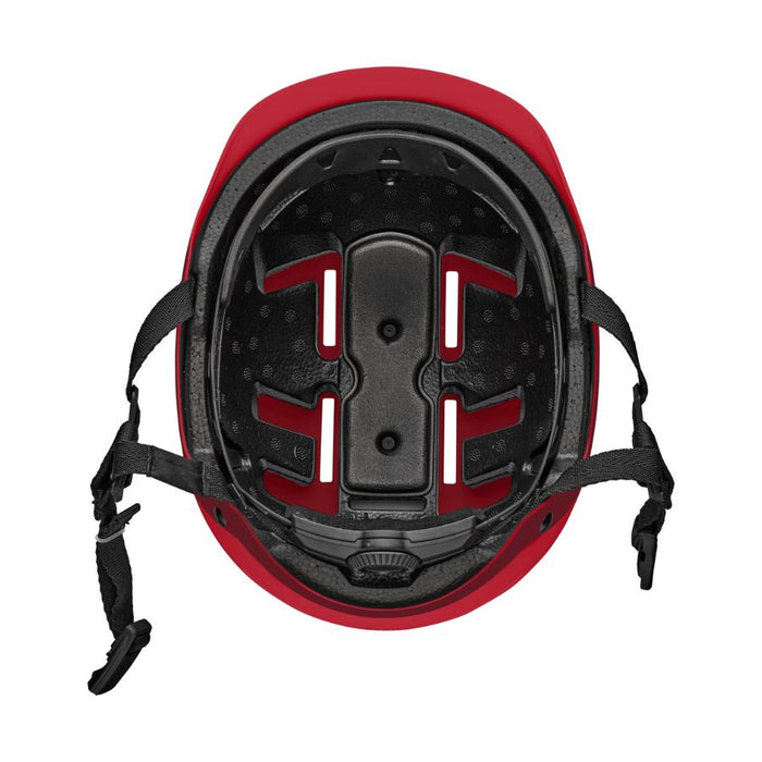 Inside view of a red helmet with black straps on a white background