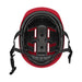 Inside view of a red helmet with black straps on a white background