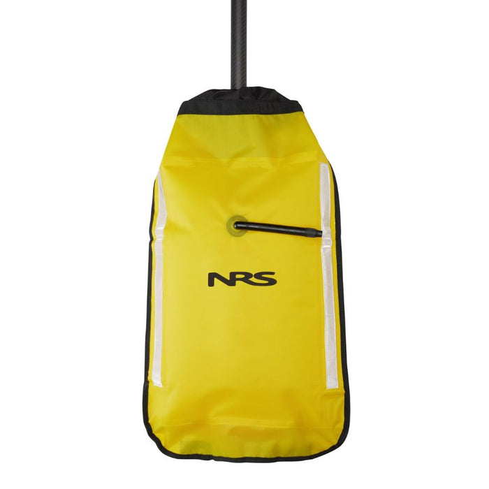 A bright yellow NRS waterproof bag with black trim, a black top section, and reflective white vertical stripes, shown hanging against a plain white background.