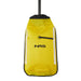 A bright yellow NRS waterproof bag with black trim, a black top section, and reflective white vertical stripes, shown hanging against a plain white background.