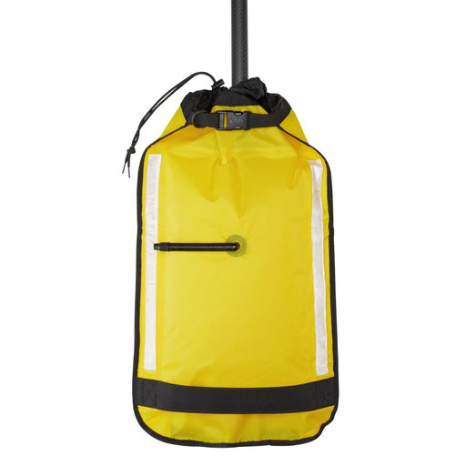 A bright yellow waterproof bag with black trim, reflective silver stripes, and a black top closure, shown hanging against a plain white background.