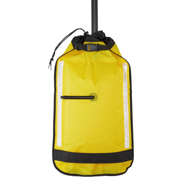 A bright yellow waterproof bag with black trim, reflective silver stripes, and a black top closure, shown hanging against a plain white background.