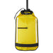 A bright yellow waterproof bag with black trim, reflective silver stripes, and a black top closure, shown hanging against a plain white background.