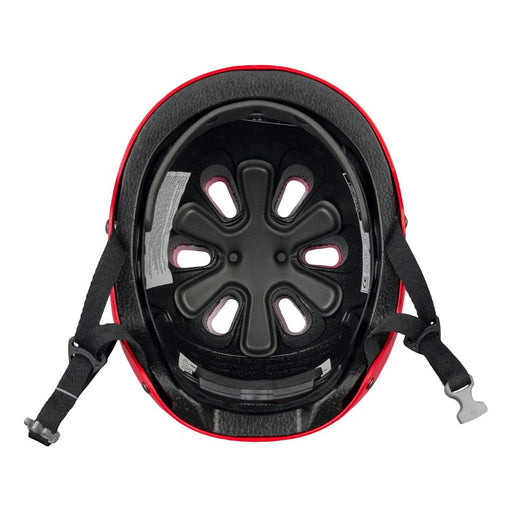 Close-up of a red and black helmet with a white background