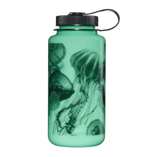 Green water bottle with jellyfish design on a white background