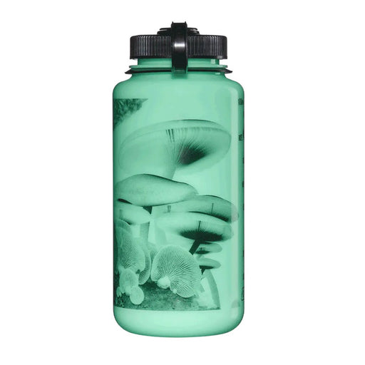 Mint green water bottle with mushroom design on a white background