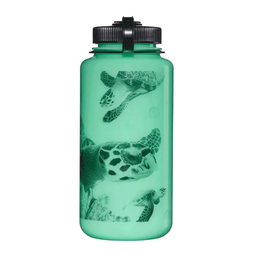 Green water bottle with turtle design on a white background