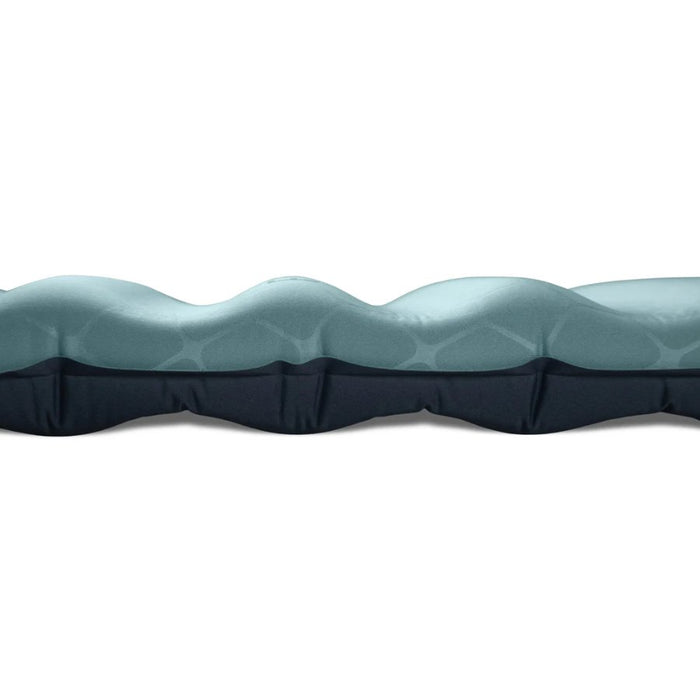 Wavy-patterned inflatable camping mattress profile on a white background