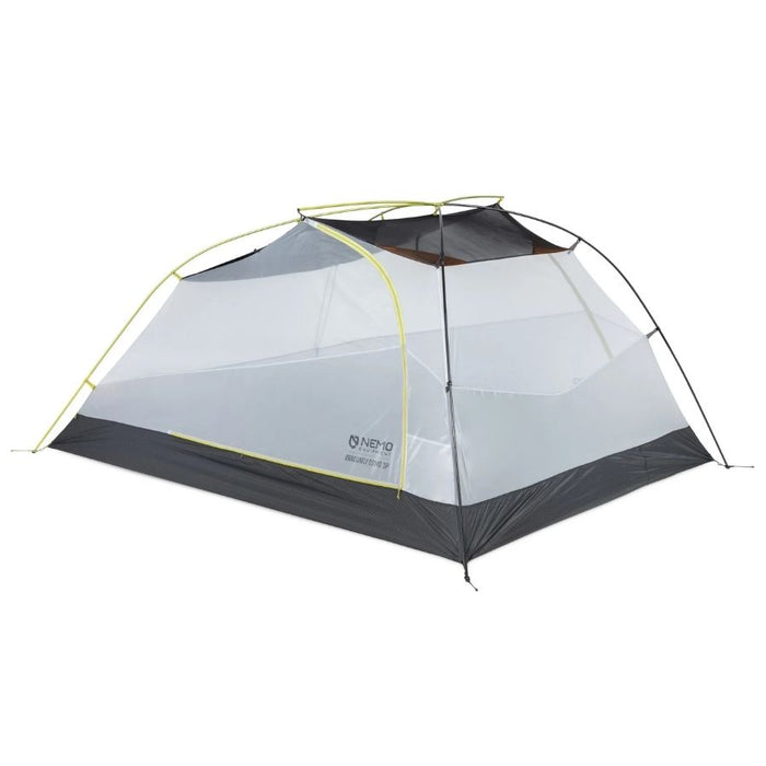 A two-person dome camping tent with a white mesh body, dark gray floor and rainfly, and yellow support poles, shown on a plain white background.