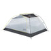 A two-person dome camping tent with a white mesh body, dark gray floor and rainfly, and yellow support poles, shown on a plain white background.