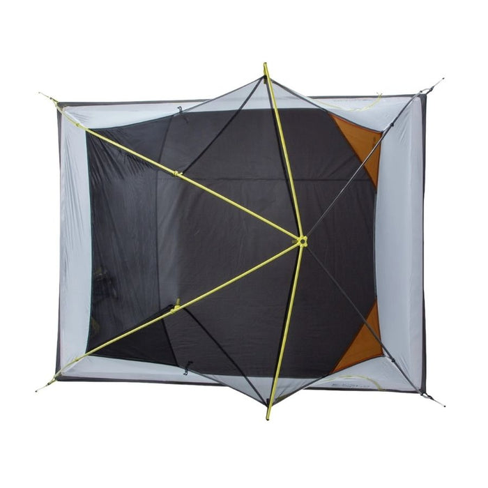 Top-down view of a square camping tent showing a black inner floor, light gray fly fabric, yellow support poles, and orange accent panels on a white background.