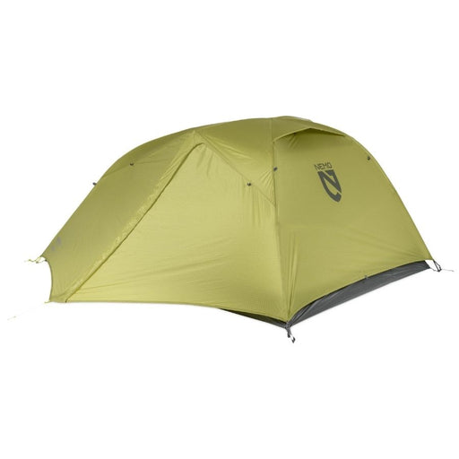 A green dome tent with a dark gray inner floor and a visible NEMO logo on the side, shown against a plain white background.