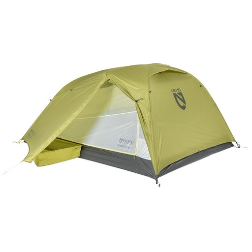 Grey tent with a green fly showing the door zipped open against a white background.