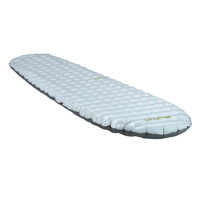 Light grey baffled sleeping pad against a white background