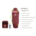 Burgundy sleeping bag with diagram of specs