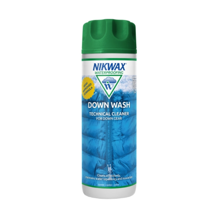 A bottle of Nikiwax Down Wash Technical Cleaner for down jackets, featuring a green cap and a blue label with a zipper graphic, on a white background.