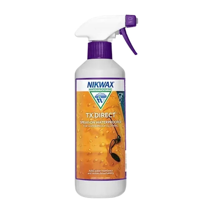 A bottle of Nikwax TX Direct waterproofing spray with a white body, purple trigger sprayer, and orange label, shown on a plain white background.
