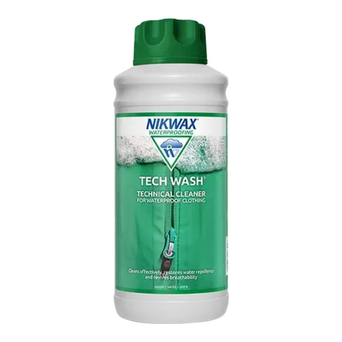 A bottle of Nikwax Tech Wash Technical Cleaner for waterproof clothing, featuring a white bottle, green cap, and a green and white label.