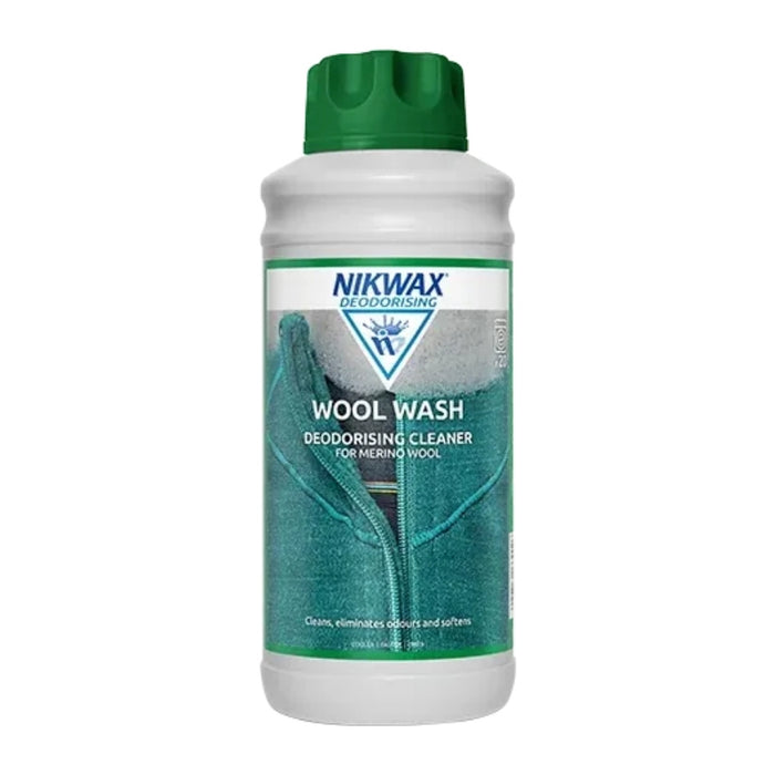 A white plastic bottle of Nikwax Wool Wash deodorising cleaner with a green cap and a green and white label, shown on a plain white background.