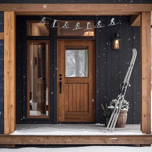 Wooden front door of a house with skis leaning against it, surrounded by snow.