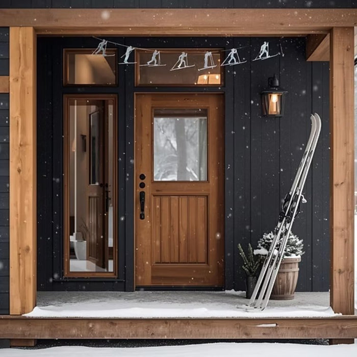 Wooden front door of a house with skis leaning against it, surrounded by snow.