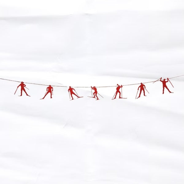garland of red skate skiers on a white background