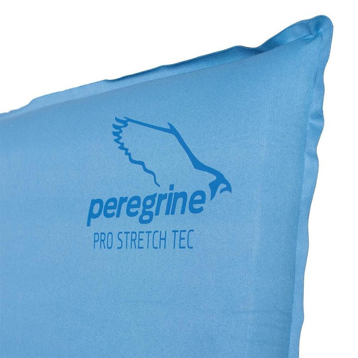 Close up of the corner of a blue sleeping pad against a white background