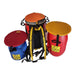 Three portable drum kits on a white background, including a central red and black backpack kit with an orange drum head, flanked by a blue kit with a red drum head and a red kit with a yellow drum head.