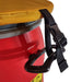 Close-up of a red cylindrical container with a yellow fabric top, a black strap, and a black carabiner clip against a white background.