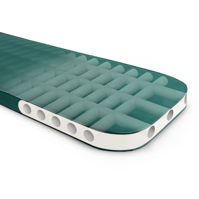 A teal green inflatable sleeping pad with a white reinforced edge and circular vent holes, shown on a clean white background.