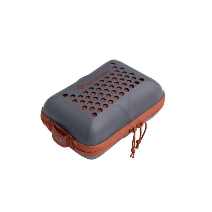 Grey rectangular zip case with holes on a white background